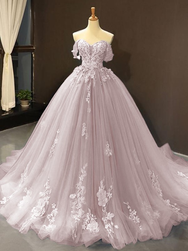 Ball Gown Tulle Off-the-Shoulder Sleeveless Applique Sweep/Brush Train Dresses 5796