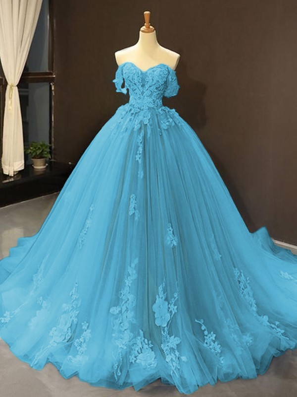 Ball Gown Tulle Off-the-Shoulder Sleeveless Applique Sweep/Brush Train Dresses 5796