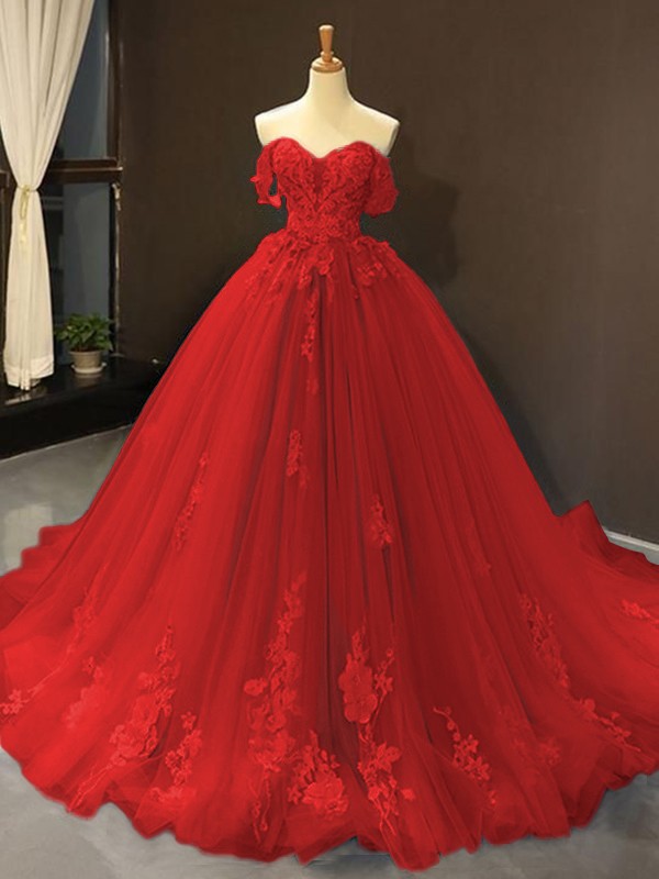 Ball Gown Tulle Off-the-Shoulder Sleeveless Applique Sweep/Brush Train Dresses 5796