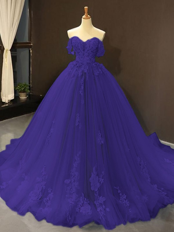 Ball Gown Tulle Off-the-Shoulder Sleeveless Applique Sweep/Brush Train Dresses 5796