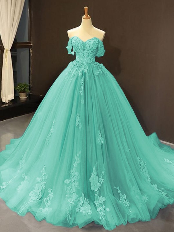 Ball Gown Tulle Off-the-Shoulder Sleeveless Applique Sweep/Brush Train Dresses 5796