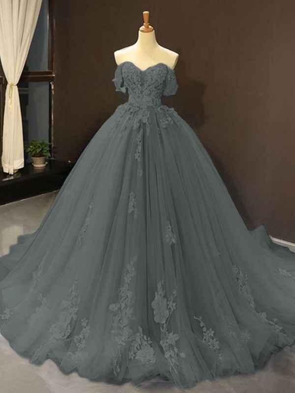 Ball Gown Tulle Off-the-Shoulder Sleeveless Applique Sweep/Brush Train Dresses 5796