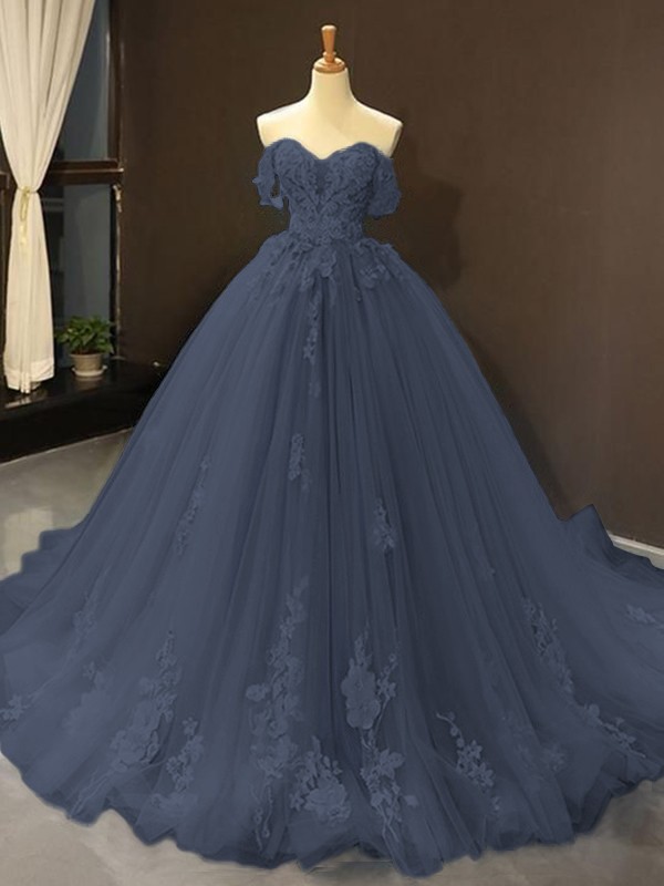 Ball Gown Tulle Off-the-Shoulder Sleeveless Applique Sweep/Brush Train Dresses 5796