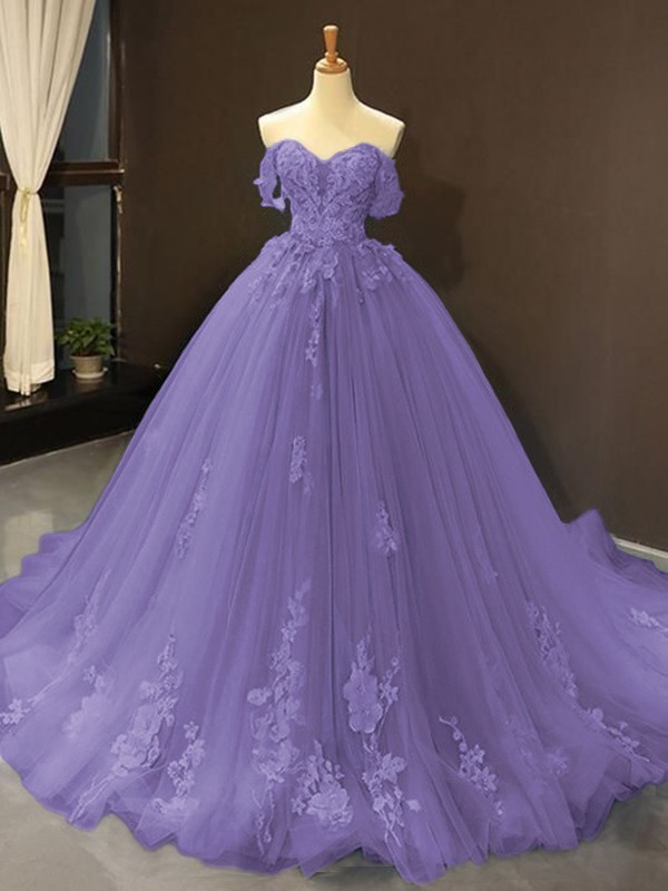 Ball Gown Tulle Off-the-Shoulder Sleeveless Applique Sweep/Brush Train Dresses 5796