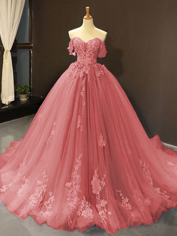 Ball Gown Tulle Off-the-Shoulder Sleeveless Applique Sweep/Brush Train Dresses 5796