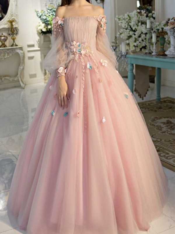 Ball Gown Off-the-Shoulder Tulle Long Sleeves Hand-Made Flower Floor-Length Dresses 5662