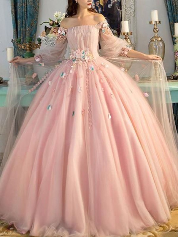 Ball Gown Off-the-Shoulder Tulle Long Sleeves Hand-Made Flower Floor-Length Dresses 5662