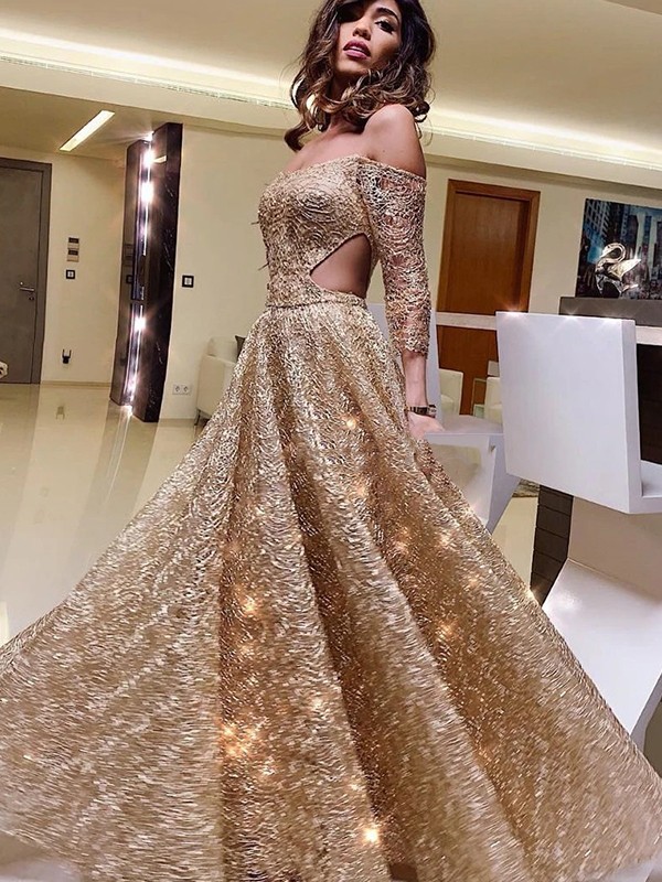 A-Line/Princess Off-the-Shoulder Long Sleeves Sequins Ruffles Floor-Length Dresses 3796