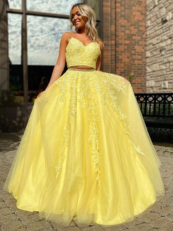 A-Line/Princess Tulle Applique Sleeveless V-neck Floor-Length Two Piece Dresses 5170