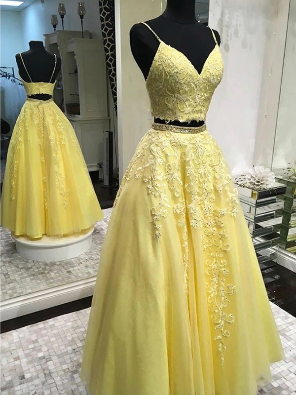 A-Line/Princess Tulle Applique Sleeveless V-neck Floor-Length Two Piece Dresses 5170