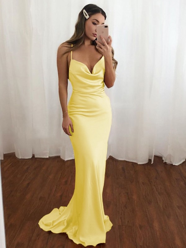 Sheath/Column Spaghetti Straps Ruched Sleeveless NS Elastic Woven Satin Sweep/Brush Train Dresses 6638