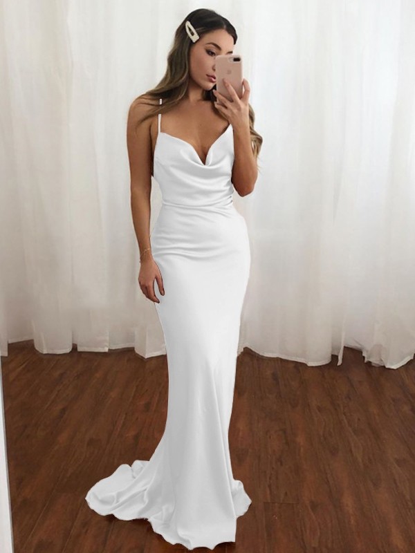 Sheath/Column Spaghetti Straps Ruched Sleeveless NS Elastic Woven Satin Sweep/Brush Train Dresses 6638