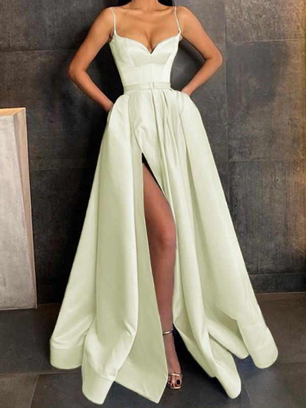 A-Line/Princess Satin Ruffles Spaghetti Straps Sleeveless Floor-Length Dresses 4182