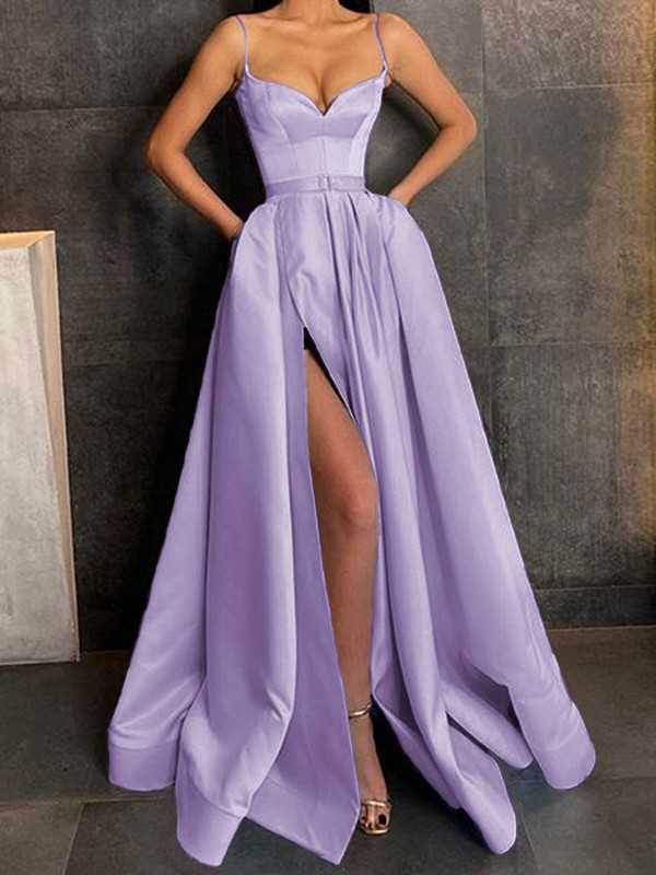 A-Line/Princess Satin Ruffles Spaghetti Straps Sleeveless Floor-Length Dresses 4182