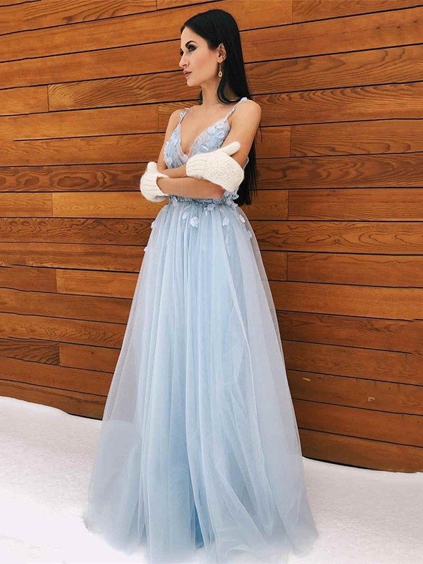 A-Line/Princess Tulle Applique V-neck Sleeveless Floor-Length Dresses 5225