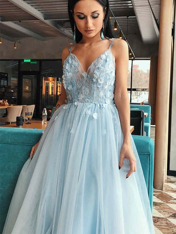 A-Line/Princess Tulle Applique V-neck Sleeveless Floor-Length Dresses 5225