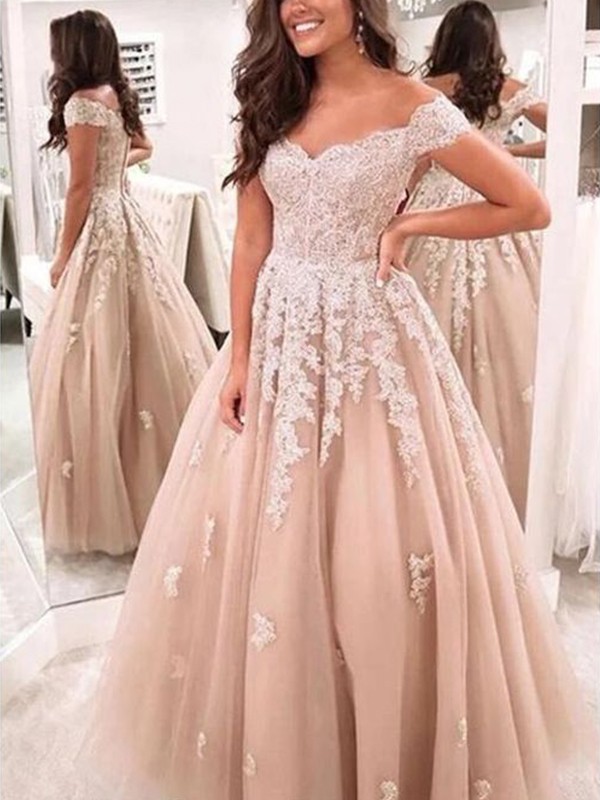 A-Line/Princess Tulle Applique Off-the-Shoulder Sleeveless Floor-Length Dresses 5146