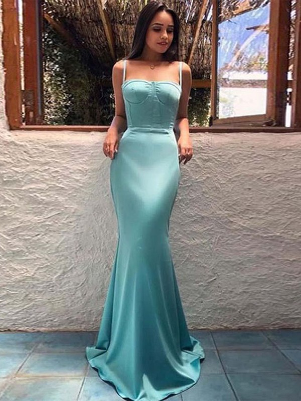 Sheath/Column Sleeveless Satin Spaghetti Straps Ruffles Floor-Length Dresses 6609