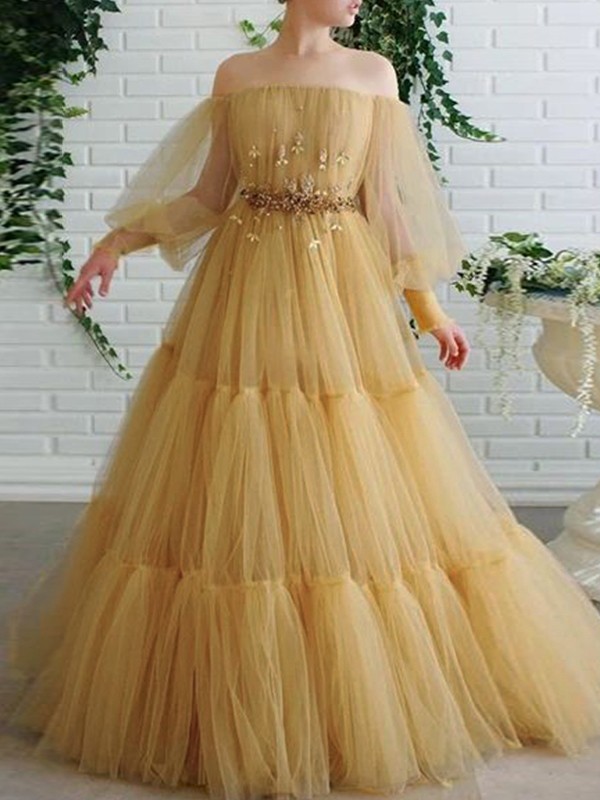 A-Line/Princess Tulle Beading Off-the-Shoulder Long Sleeves Floor-Length Dresses 5276