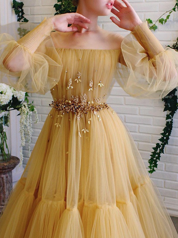 A-Line/Princess Tulle Beading Off-the-Shoulder Long Sleeves Floor-Length Dresses 5276