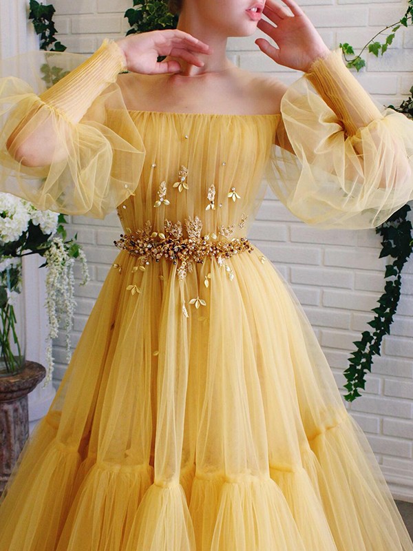 A-Line/Princess Tulle Beading Off-the-Shoulder Long Sleeves Floor-Length Dresses 5276