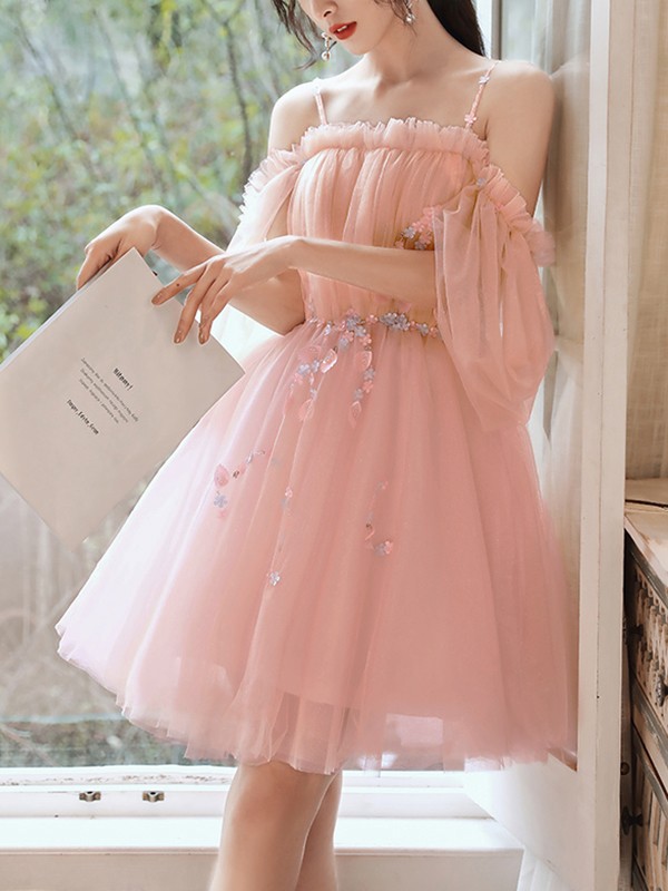 A-Line/Princess Tulle Beading Spaghetti Straps 1/2 Sleeves Short/Mini Dresses 5286