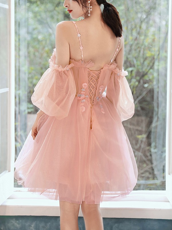 A-Line/Princess Tulle Beading Spaghetti Straps 1/2 Sleeves Short/Mini Dresses 5286