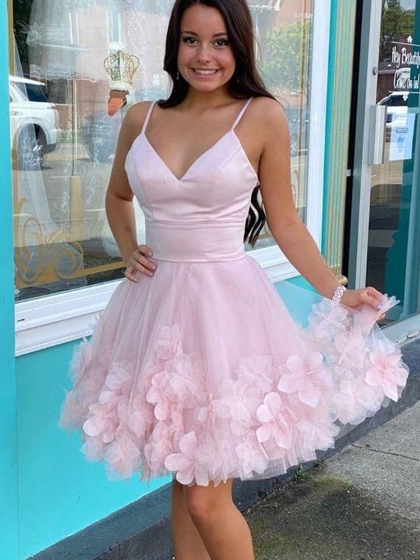 A-Line/Princess Tulle Hand-Made Flower V-neck Sleeveless Short/Mini Dresses 5309