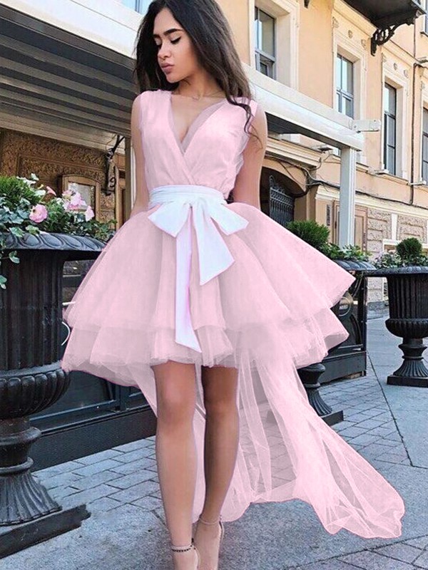 A-Line/Princess Tulle Sash/Ribbon/Belt V-neck Sleeveless Short/Mini Dresses 5399