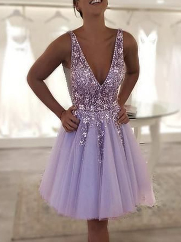 A-Line/Princess Tulle Beading V-neck Sleeveless Short/Mini Dresses 5298