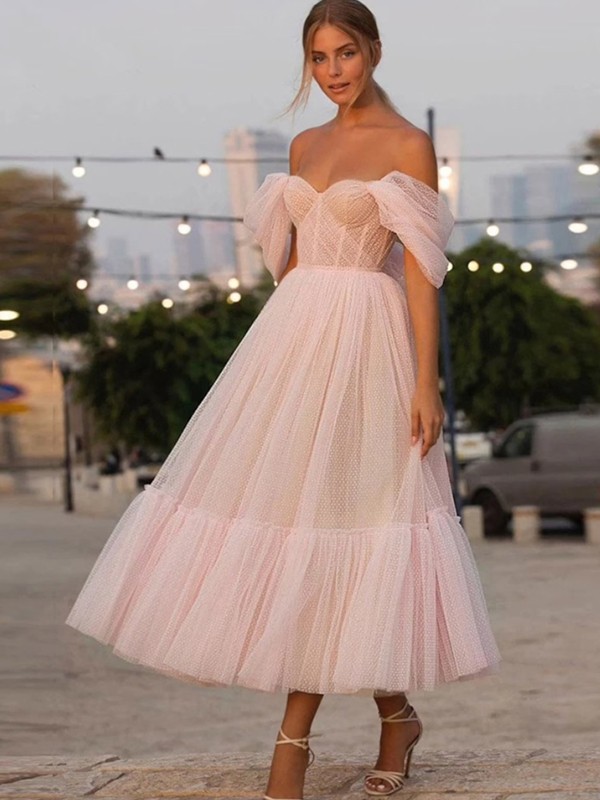 A-Line/Princess Tulle Ruffles Off-the-Shoulder Sleeveless Tea-Length Dresses 5360