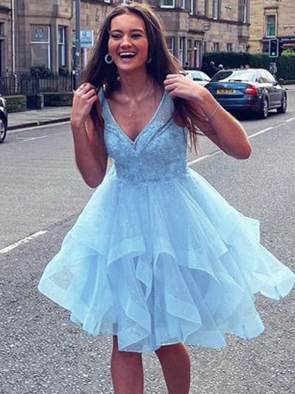 A-Line/Princess Tulle Ruffles V-neck Sleeveless Short/Mini Dresses 5391