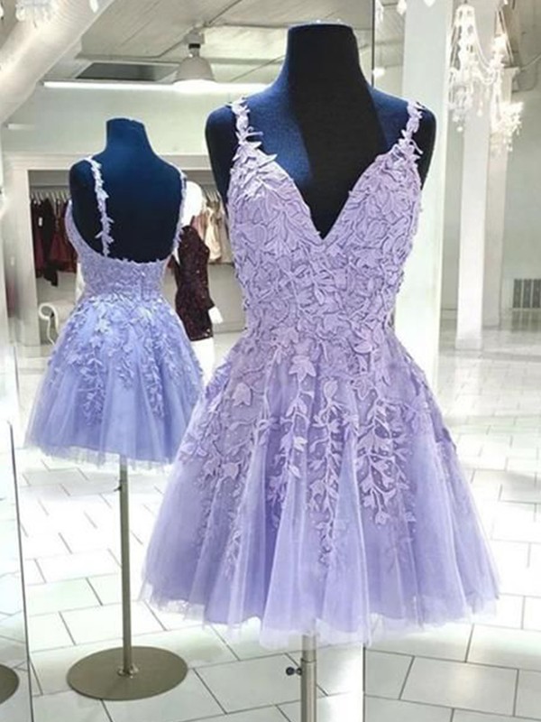 A-Line/Princess Tulle Applique V-neck Sleeveless Short/Mini Dresses 5238