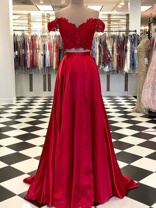 A-Line/Princess Elastic Woven Satin Applique Off-the-Shoulder Sleeveless Sweep/Brush Train Two Piece Dresses 3513