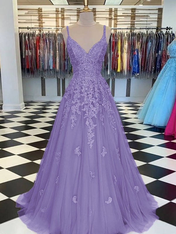 A-Line/Princess Tulle Applique V-neck Sleeveless Sweep/Brush Train Dresses 5258