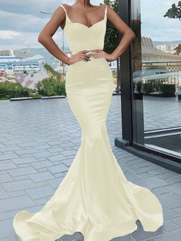 Trumpet/Mermaid Elastic Woven Satin Ruffles Spaghetti Straps Sleeveless Sweep/Brush Train Dresses 7231