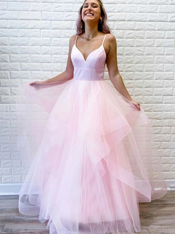 A-Line/Princess Tulle Ruffles V-neck Sleeveless Floor-Length Dresses 5384