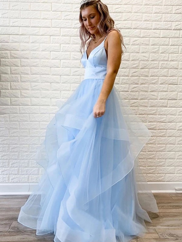 A-Line/Princess Tulle Ruffles V-neck Sleeveless Floor-Length Dresses 5384