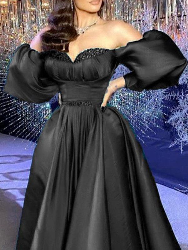 A-Line/Princess Satin Ruffles Off-the-Shoulder Long Sleeves Sweep/Brush Train Dresses 4150