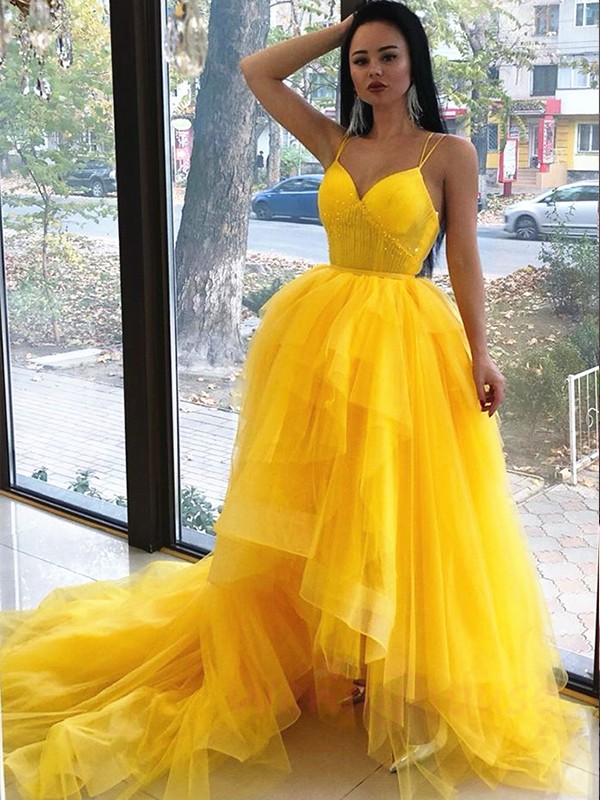 A-Line/Princess Tulle Ruffles V-neck Sleeveless Asymmetrical Dresses 5380