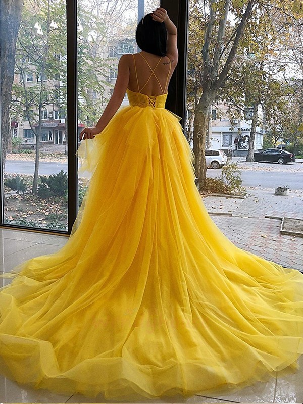 A-Line/Princess Tulle Ruffles V-neck Sleeveless Asymmetrical Dresses 5380