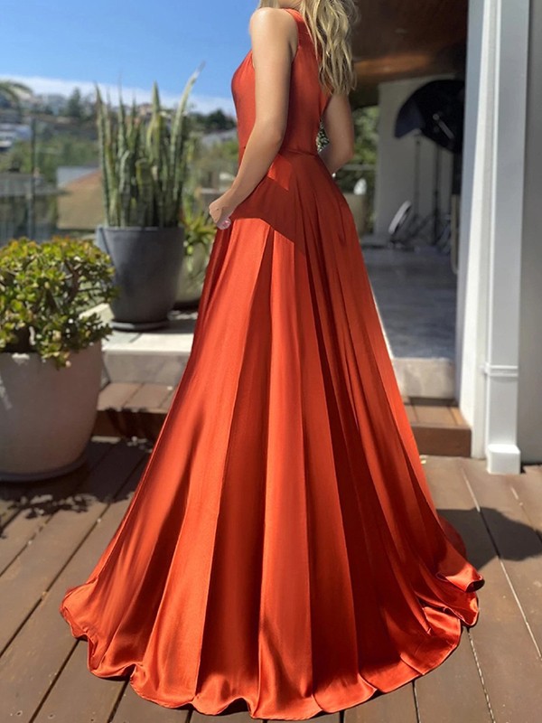 A-Line/Princess Silk Like Satin Ruffles One-Shoulder Sleeveless Sweep/Brush Train Dresses 4092