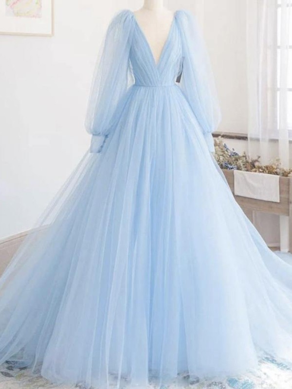 A-Line/Princess Tulle Ruffles V-neck Long Sleeves Sweep/Brush Train Dresses 5377