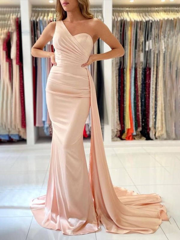 Sheath/Column Silk like Satin Ruffles One-Shoulder Sleeveless Sweep/Brush Train Dresses 6579