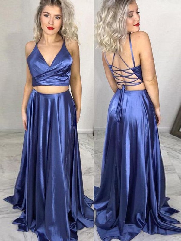 A-Line/Princess Silk like Satin Ruffles V-neck Sleeveless Sweep/Brush Train Two Piece Dresses 4478