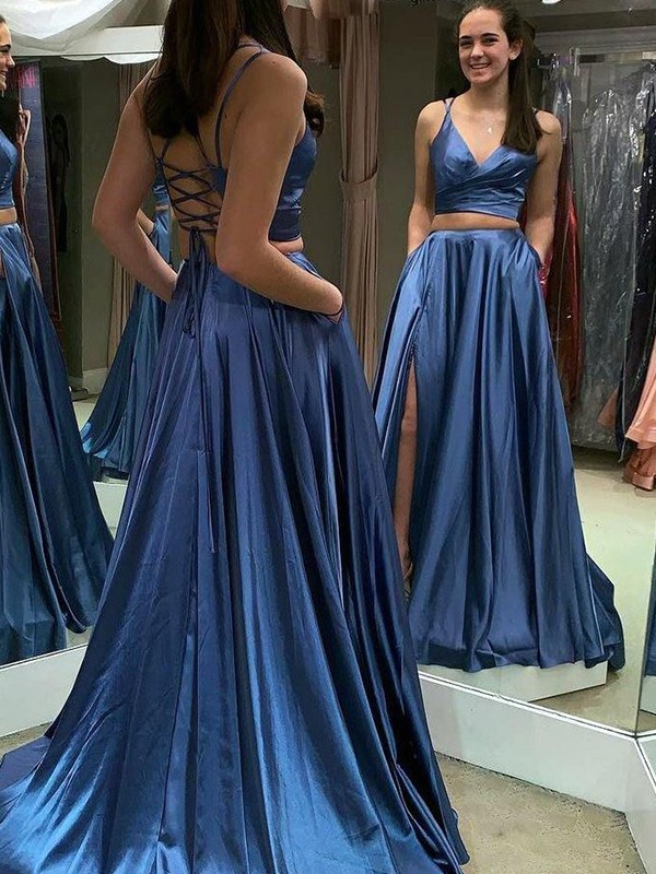 A-Line/Princess Silk like Satin Ruffles V-neck Sleeveless Sweep/Brush Train Two Piece Dresses 4478