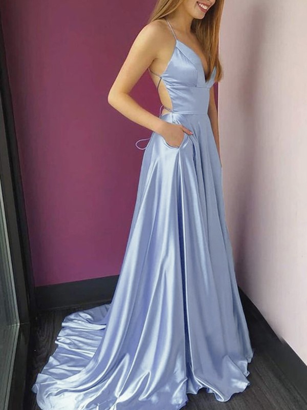 A-Line/Princess Elastic Woven Satin Ruffles V-neck Sleeveless Sweep/Brush Train Dresses 3536