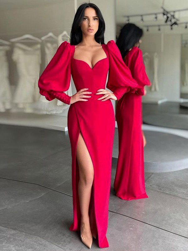 Sheath/Column Stretch Crepe Ruched Sweetheart Long Sleeves Floor-Length Dresses 6738