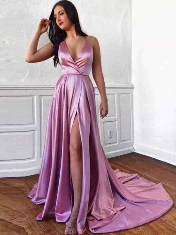 A-Line/Princess Silk like Satin Ruffles V-neck Sleeveless Sweep/Brush Train Dresses 4476