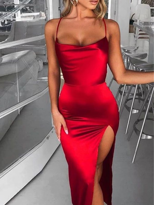 Sheath/Column Elastic Woven Satin Ruched Spaghetti Straps Sleeveless Ankle-Length Dresses 5911